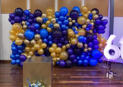 60 neon light and blue gold balloons